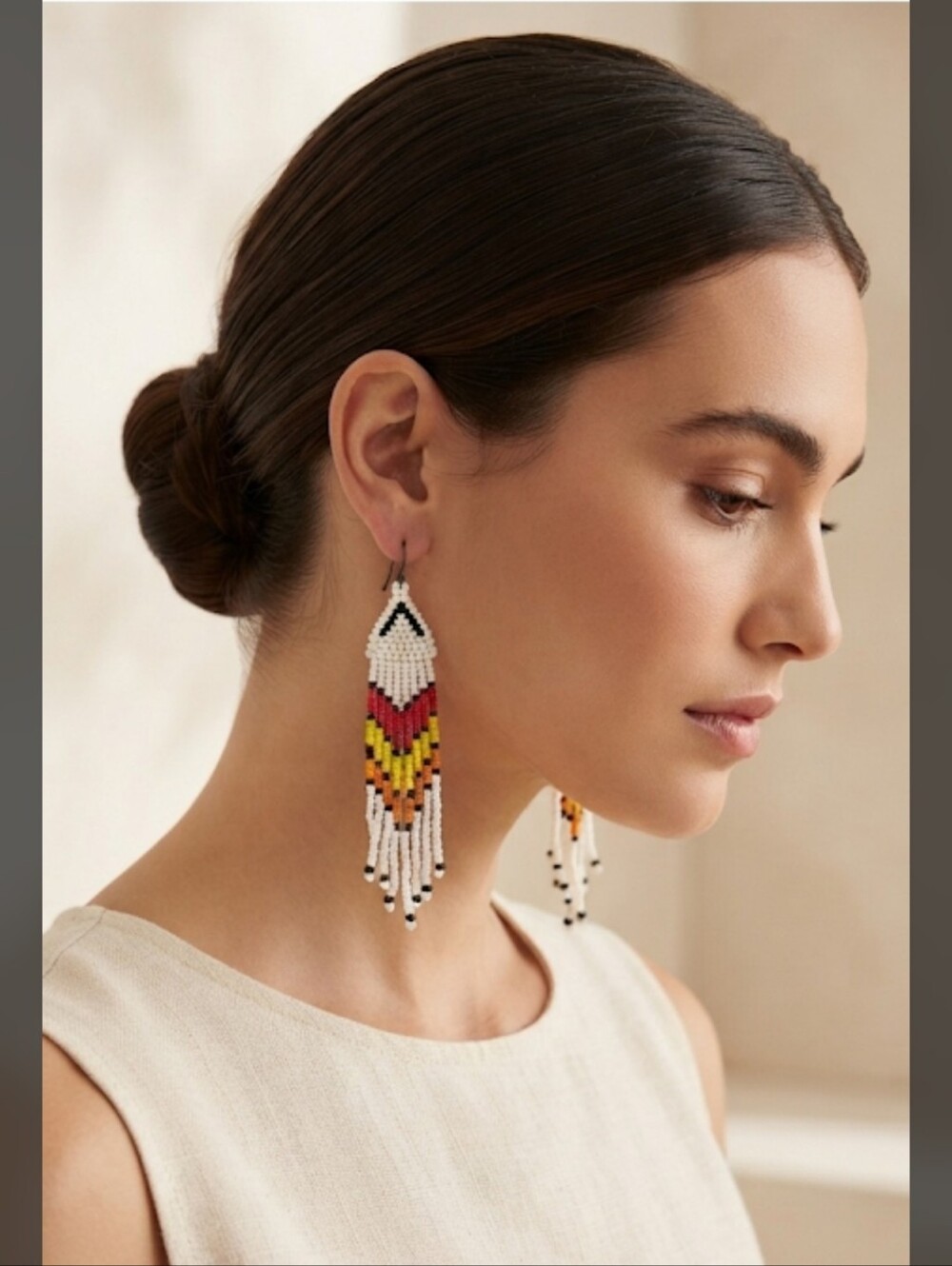 Handmade Seed Bead Tassel White, Yellow, Red, & Orange Southwestern Earrings